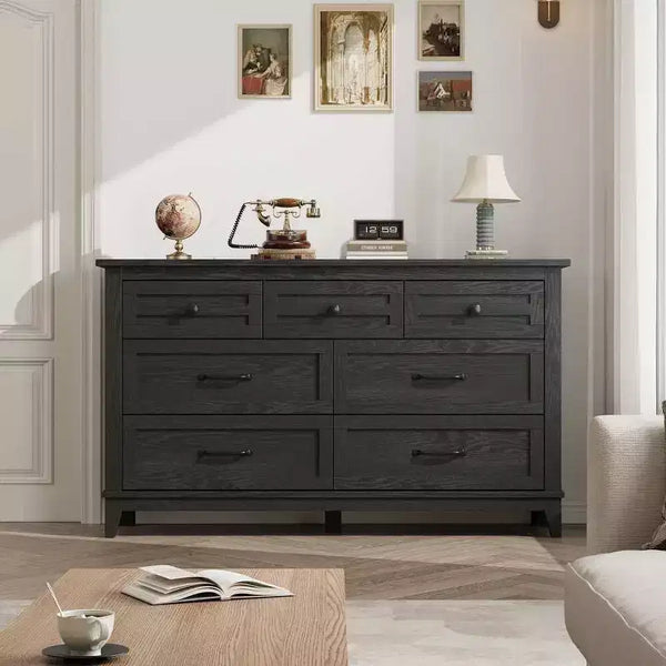 Cassettiera a 7 cassetti per camera da letto, comò rustico in legno con texture naturale, organizer per camera da letto e soggiorno