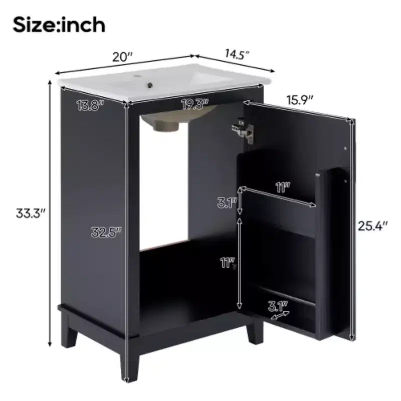 Mobiletto da bagno moderno piccolo da 20 pollici, toeletta con lavabo in ceramica, ampio spazio di archiviazione