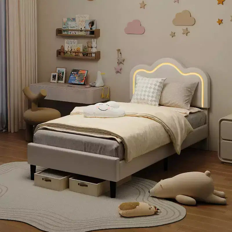 Telaio letto matrimoniale singolo imbottito smart LED con testiera Adjustable Hills, piattaforma in pelle PU per bambini, beige