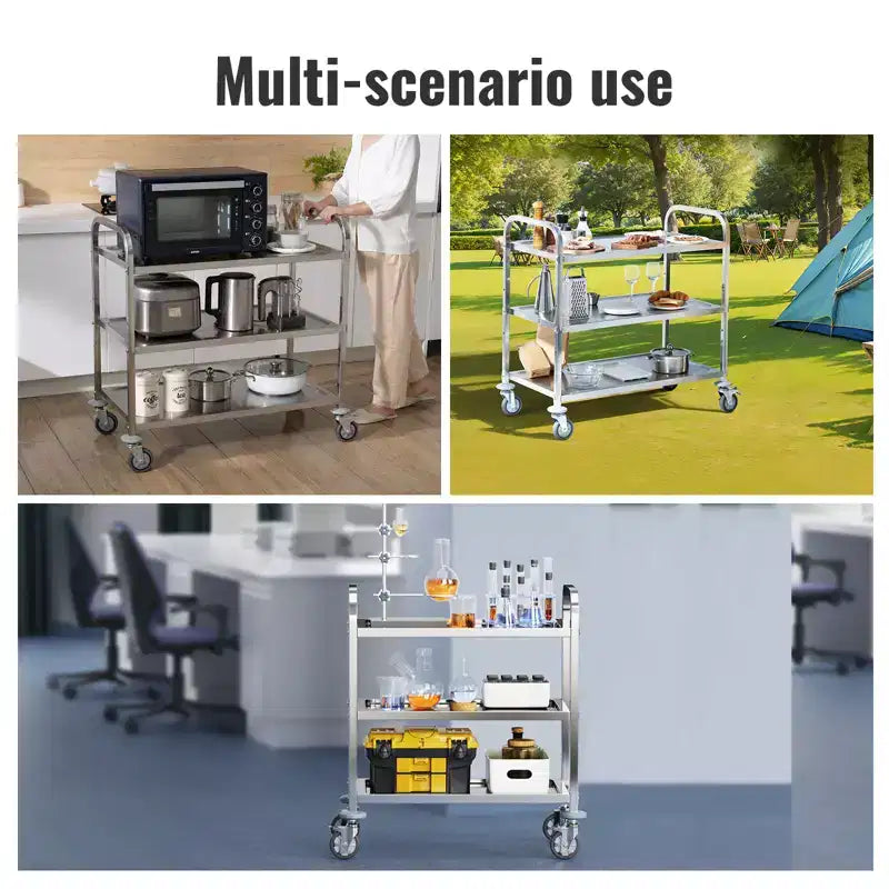 Carrello di servizio da laboratorio a 3 ripiani in acciaio con capacità di 180 kg
