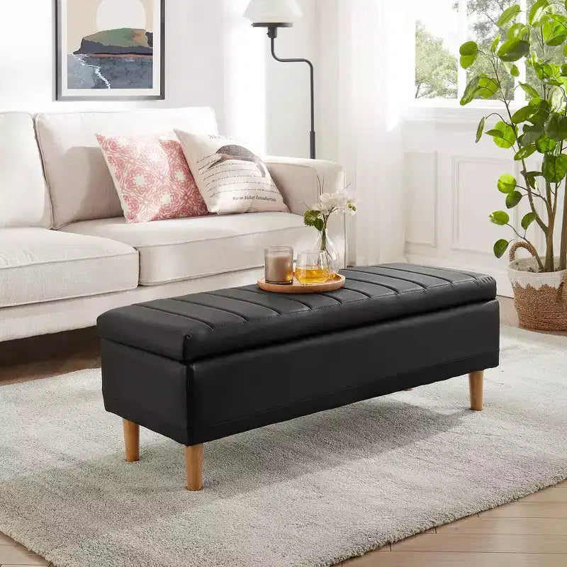 Panca moderna portaoggetti in morbida pelle PU, pouf poggiapiedi con 6,1" di spazio contenitivo profondo per soggiorno o camera da letto, facile da pulire, nero