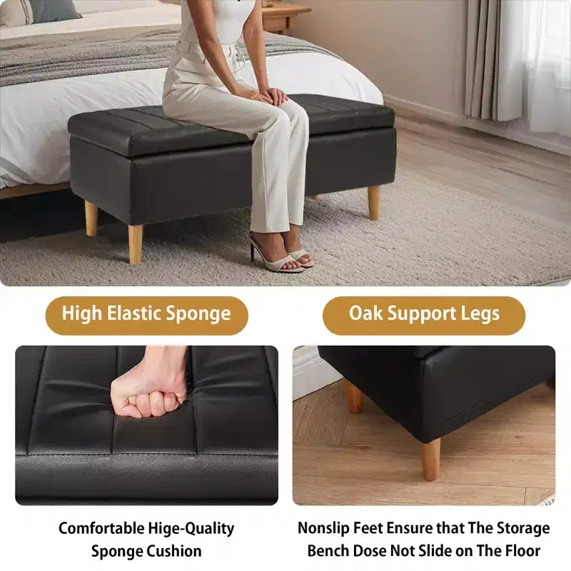Panca moderna portaoggetti in morbida pelle PU, pouf poggiapiedi con 6,1" di spazio contenitivo profondo per soggiorno o camera da letto, facile da pulire, nero