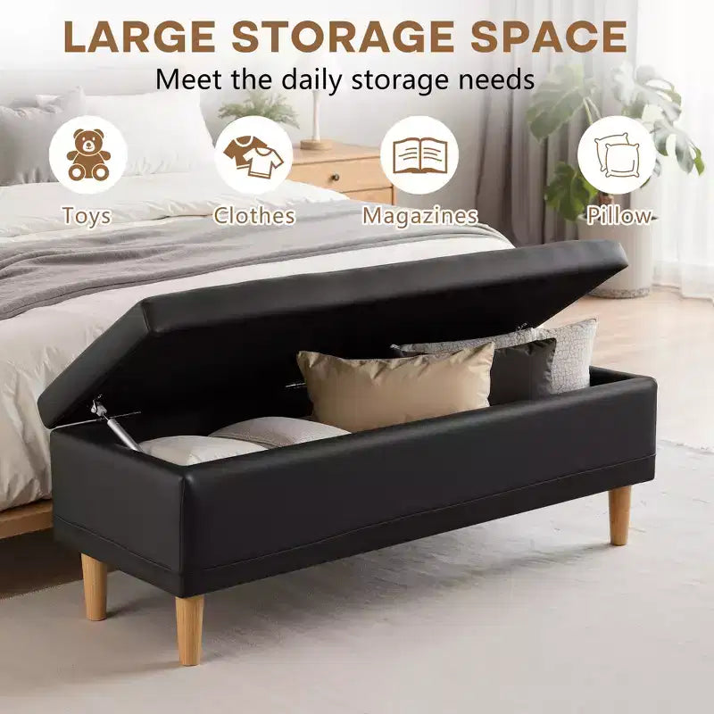 Panca moderna portaoggetti in morbida pelle PU, pouf poggiapiedi con 6,1" di spazio contenitivo profondo per soggiorno o camera da letto, facile da pulire, nero