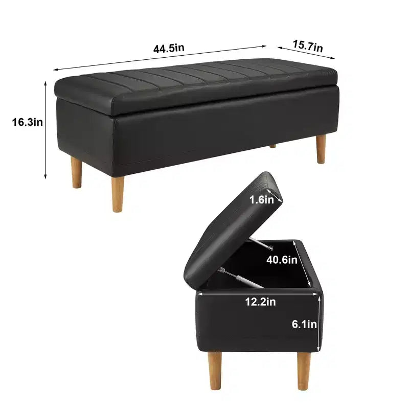Panca moderna portaoggetti in morbida pelle PU, pouf poggiapiedi con 6,1" di spazio contenitivo profondo per soggiorno o camera da letto, facile da pulire, nero