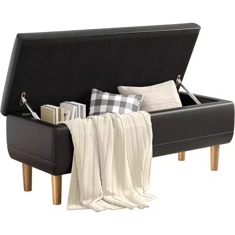 Panca moderna portaoggetti in morbida pelle PU, pouf poggiapiedi con 6,1" di spazio contenitivo profondo per soggiorno o camera da letto, facile da pulire, nero