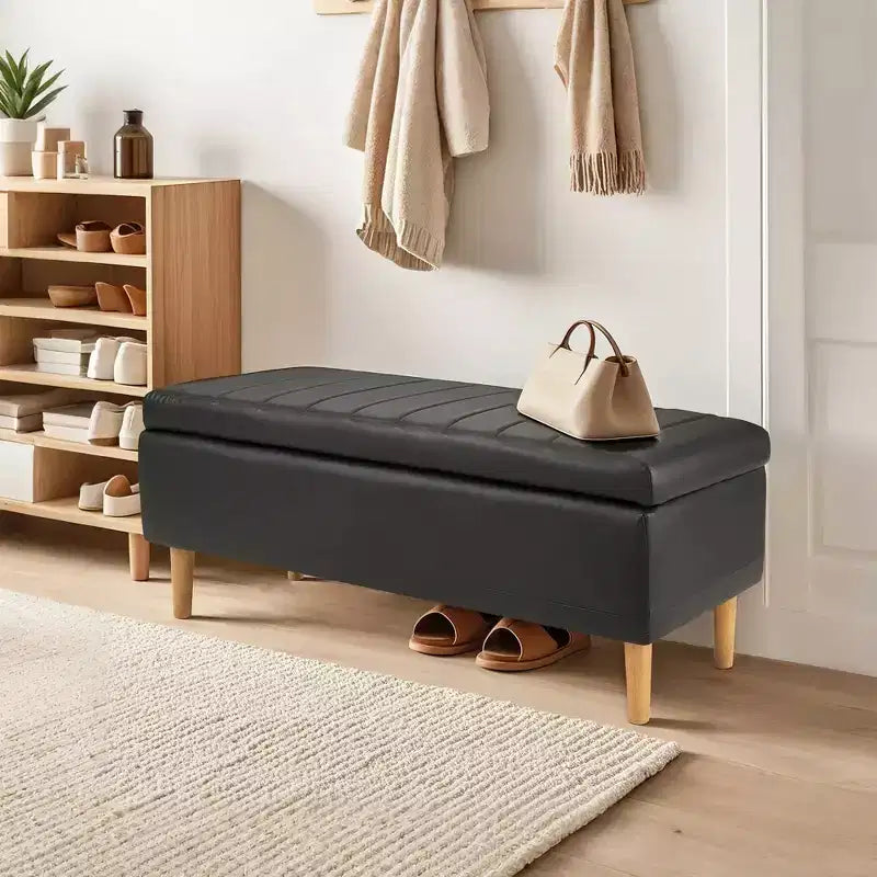 Panca moderna portaoggetti in morbida pelle PU, pouf poggiapiedi con 6,1" di spazio contenitivo profondo per soggiorno o camera da letto, facile da pulire, nero