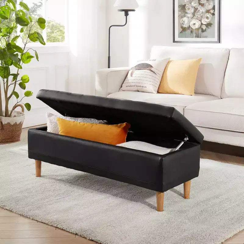 Panca moderna portaoggetti in morbida pelle PU, pouf poggiapiedi con 6,1" di spazio contenitivo profondo per soggiorno o camera da letto, facile da pulire, nero