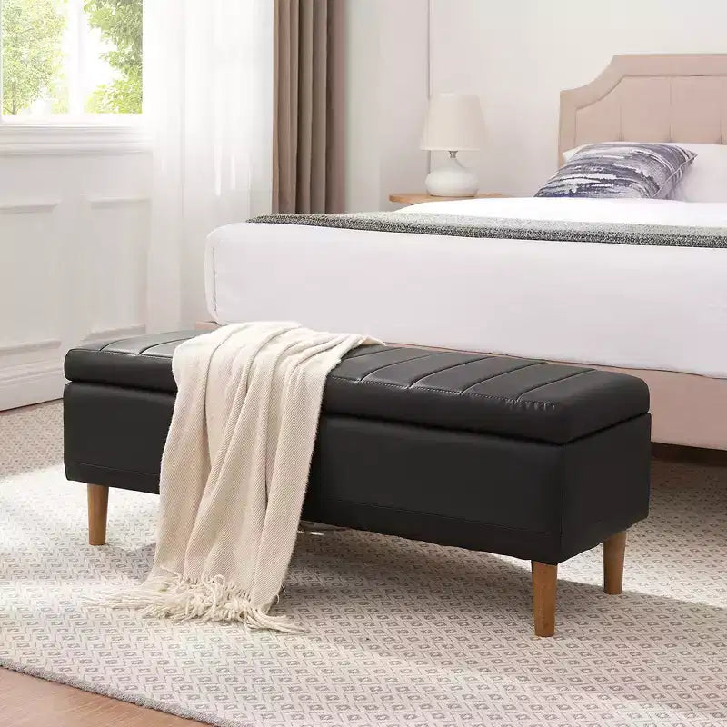 Panca moderna portaoggetti in morbida pelle PU, pouf poggiapiedi con 6,1" di spazio contenitivo profondo per soggiorno o camera da letto, facile da pulire, nero