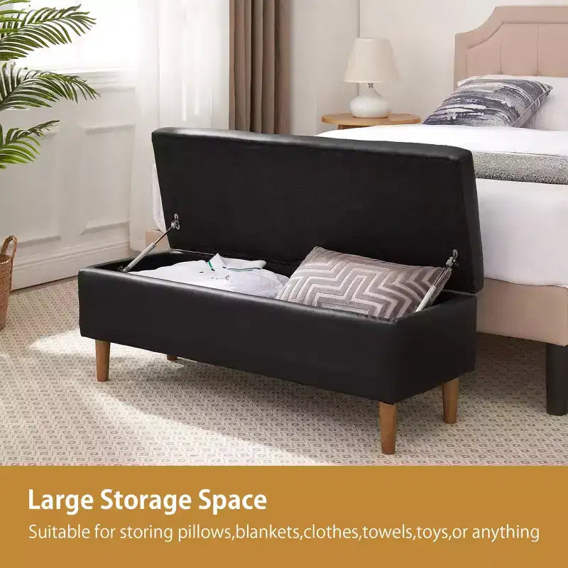 Panca moderna portaoggetti in morbida pelle PU, pouf poggiapiedi con 6,1" di spazio contenitivo profondo per soggiorno o camera da letto, facile da pulire, nero