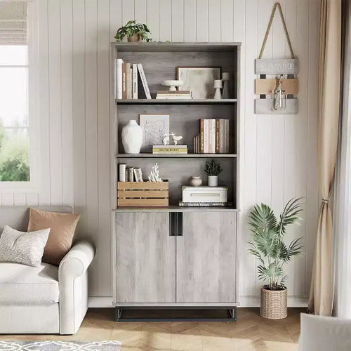 5 Tier Bookcase with Adjustable Shelves and Doors, Tall Bookshelf w/Metal Legs, Rustic Bookcase for Living Room Apartment Office
