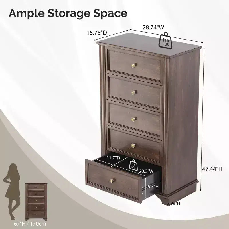 Cassettiera Karl Home a 5 cassetti in MDF marrone, larghezza 73 cm