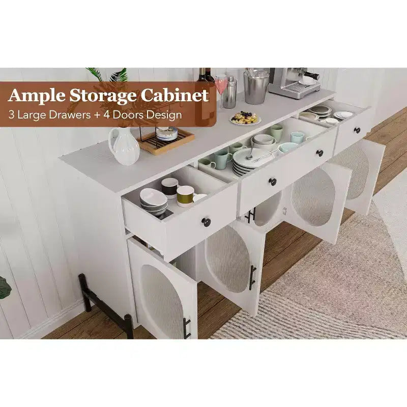 con spazio di archiviazione, mobile credenza in legno con 3 cassetti e 4 ante in vetro, mobile da bar con piano d'appoggio per sala da pranzo, cucina