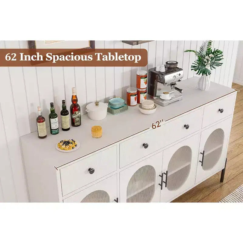 con spazio di archiviazione, mobile credenza in legno con 3 cassetti e 4 ante in vetro, mobile da bar con piano d'appoggio per sala da pranzo, cucina