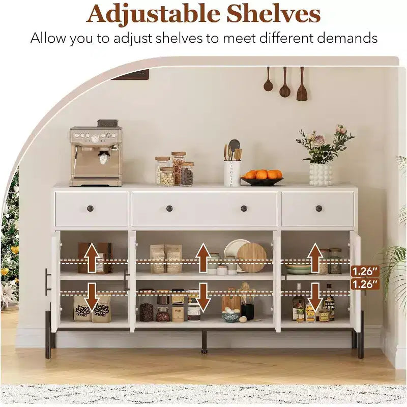 con spazio di archiviazione, mobile credenza in legno con 3 cassetti e 4 ante in vetro, mobile da bar con piano d'appoggio per sala da pranzo, cucina