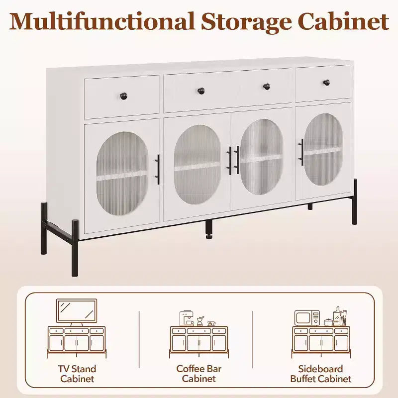 con spazio di archiviazione, mobile credenza in legno con 3 cassetti e 4 ante in vetro, mobile da bar con piano d'appoggio per sala da pranzo, cucina