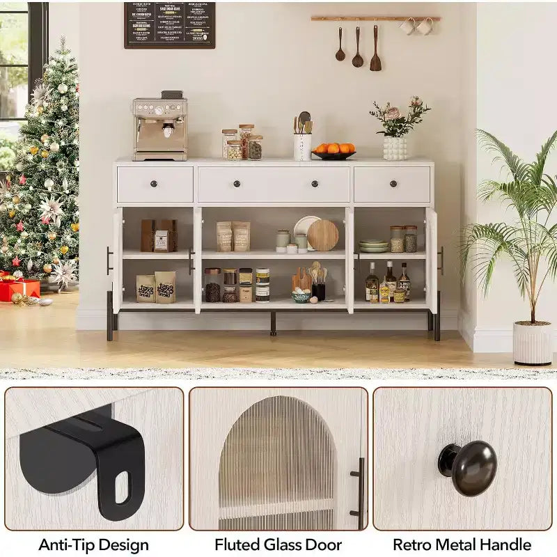 con spazio di archiviazione, mobile credenza in legno con 3 cassetti e 4 ante in vetro, mobile da bar con piano d'appoggio per sala da pranzo, cucina
