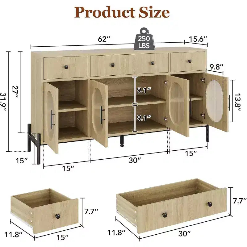 con spazio di archiviazione, mobile credenza in legno con 3 cassetti e 4 ante in vetro, mobile da bar con piano d'appoggio per sala da pranzo, cucina
