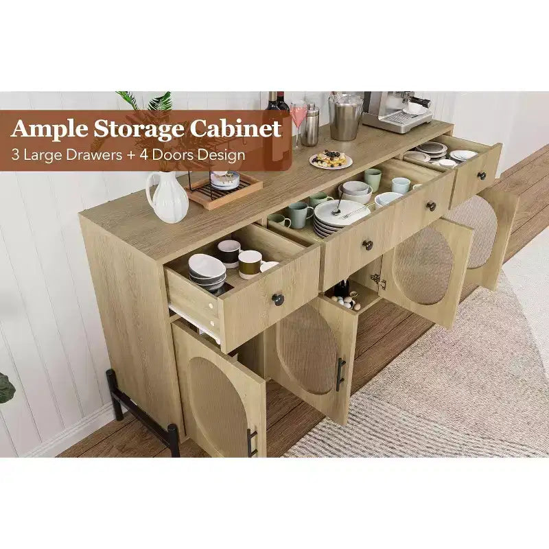 con spazio di archiviazione, mobile credenza in legno con 3 cassetti e 4 ante in vetro, mobile da bar con piano d'appoggio per sala da pranzo, cucina