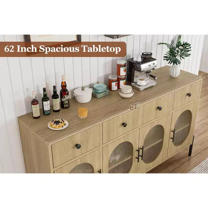 con spazio di archiviazione, mobile credenza in legno con 3 cassetti e 4 ante in vetro, mobile da bar con piano d'appoggio per sala da pranzo, cucina