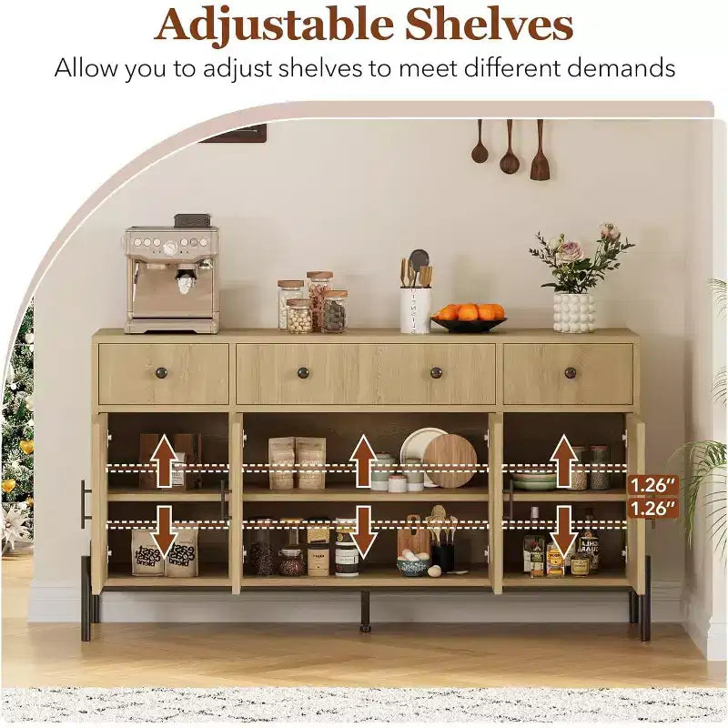con spazio di archiviazione, mobile credenza in legno con 3 cassetti e 4 ante in vetro, mobile da bar con piano d'appoggio per sala da pranzo, cucina