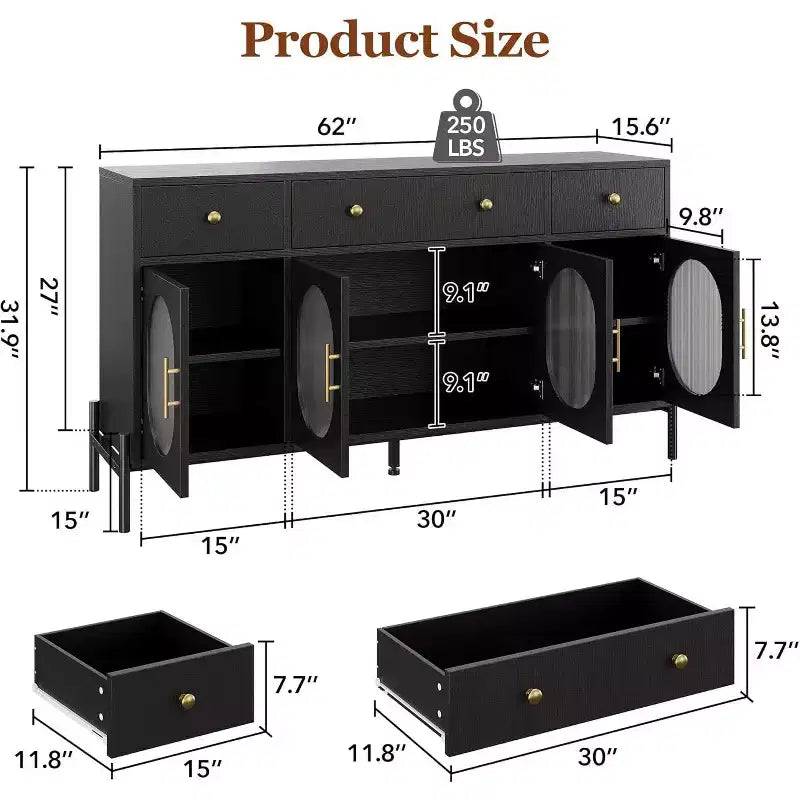 con spazio di archiviazione, mobile credenza in legno con 3 cassetti e 4 ante in vetro, mobile da bar con piano d'appoggio per sala da pranzo, cucina