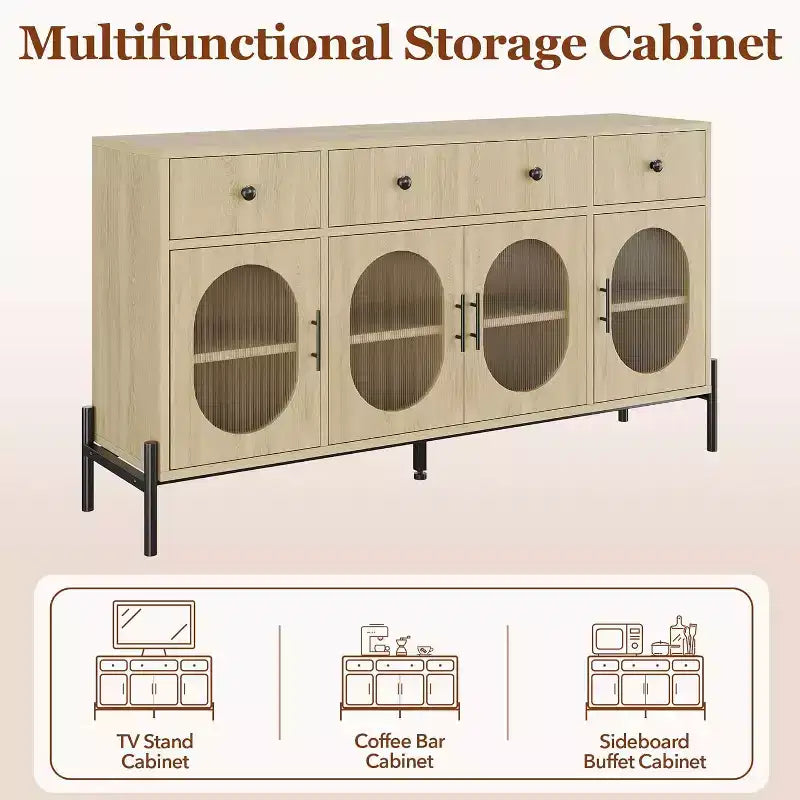 con spazio di archiviazione, mobile credenza in legno con 3 cassetti e 4 ante in vetro, mobile da bar con piano d'appoggio per sala da pranzo, cucina