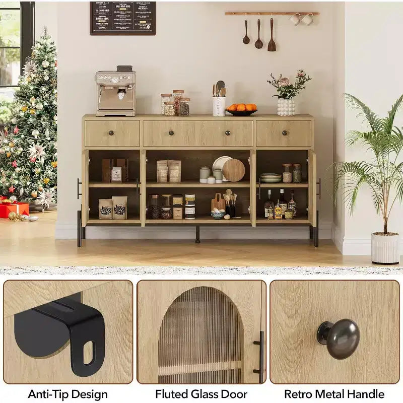 con spazio di archiviazione, mobile credenza in legno con 3 cassetti e 4 ante in vetro, mobile da bar con piano d'appoggio per sala da pranzo, cucina
