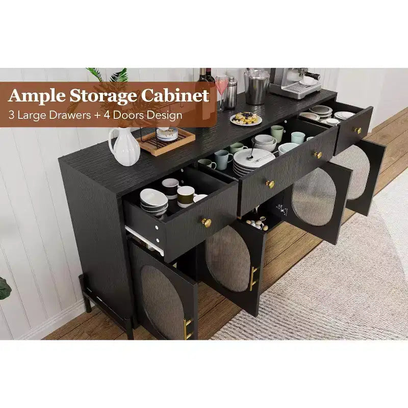 con spazio di archiviazione, mobile credenza in legno con 3 cassetti e 4 ante in vetro, mobile da bar con piano d'appoggio per sala da pranzo, cucina