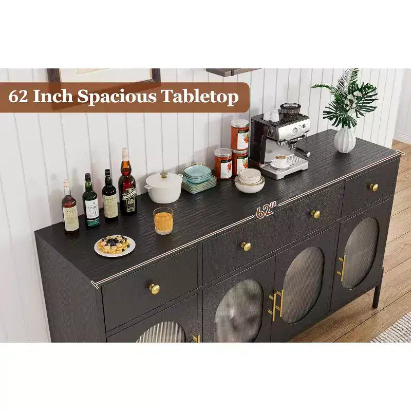 con spazio di archiviazione, mobile credenza in legno con 3 cassetti e 4 ante in vetro, mobile da bar con piano d'appoggio per sala da pranzo, cucina