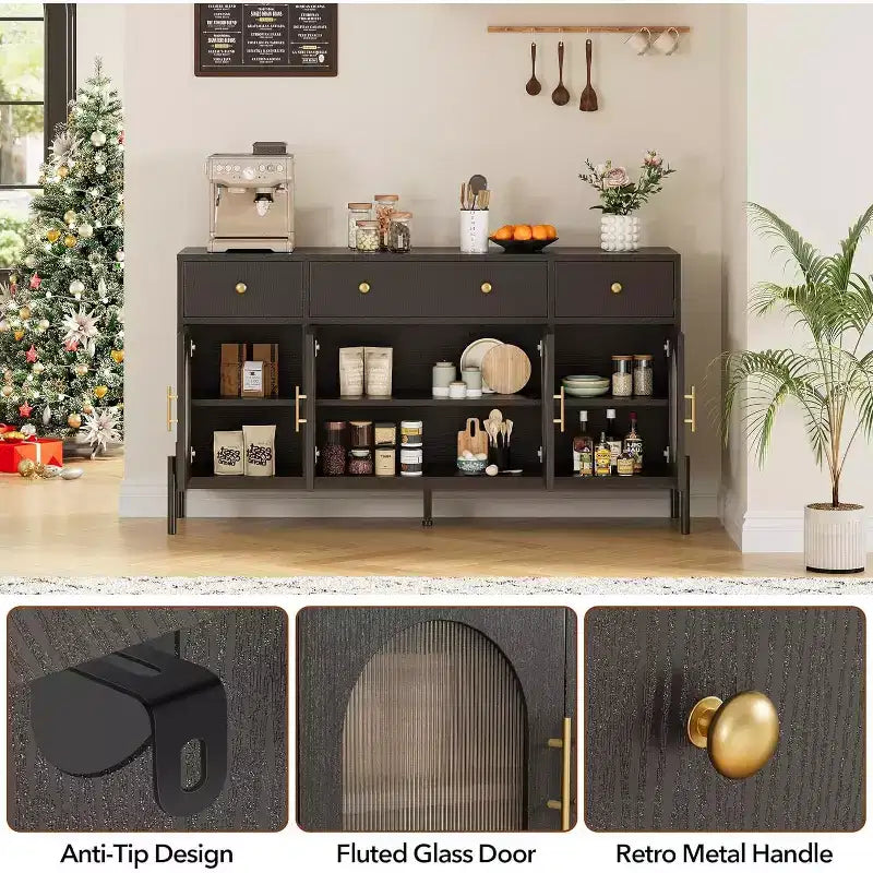 con spazio di archiviazione, mobile credenza in legno con 3 cassetti e 4 ante in vetro, mobile da bar con piano d'appoggio per sala da pranzo, cucina