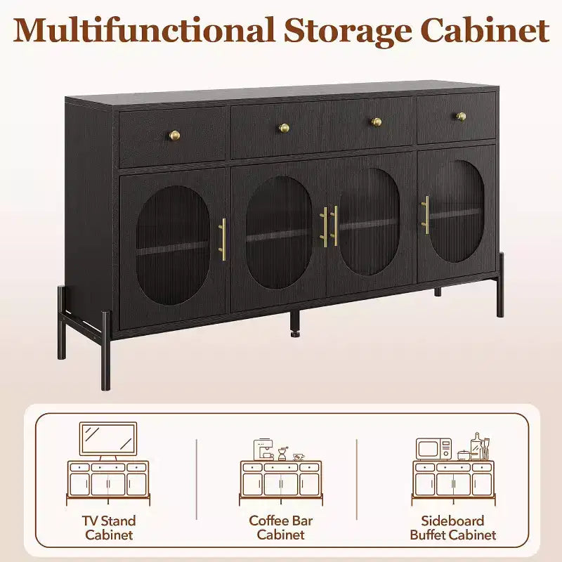 con spazio di archiviazione, mobile credenza in legno con 3 cassetti e 4 ante in vetro, mobile da bar con piano d'appoggio per sala da pranzo, cucina