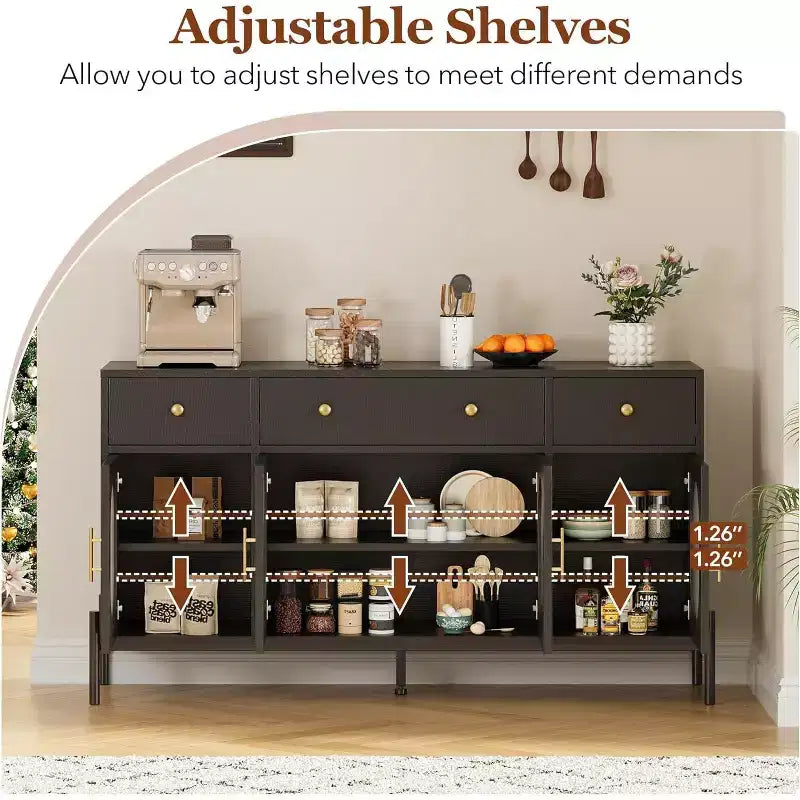 con spazio di archiviazione, mobile credenza in legno con 3 cassetti e 4 ante in vetro, mobile da bar con piano d'appoggio per sala da pranzo, cucina