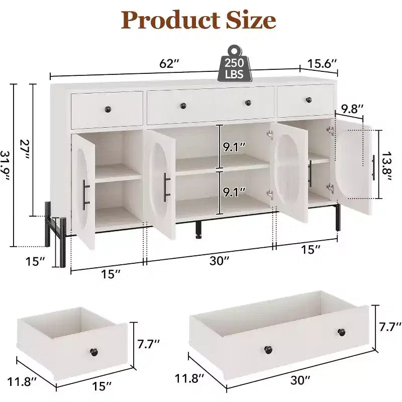 con spazio di archiviazione, mobile credenza in legno con 3 cassetti e 4 ante in vetro, mobile da bar con piano d'appoggio per sala da pranzo, cucina