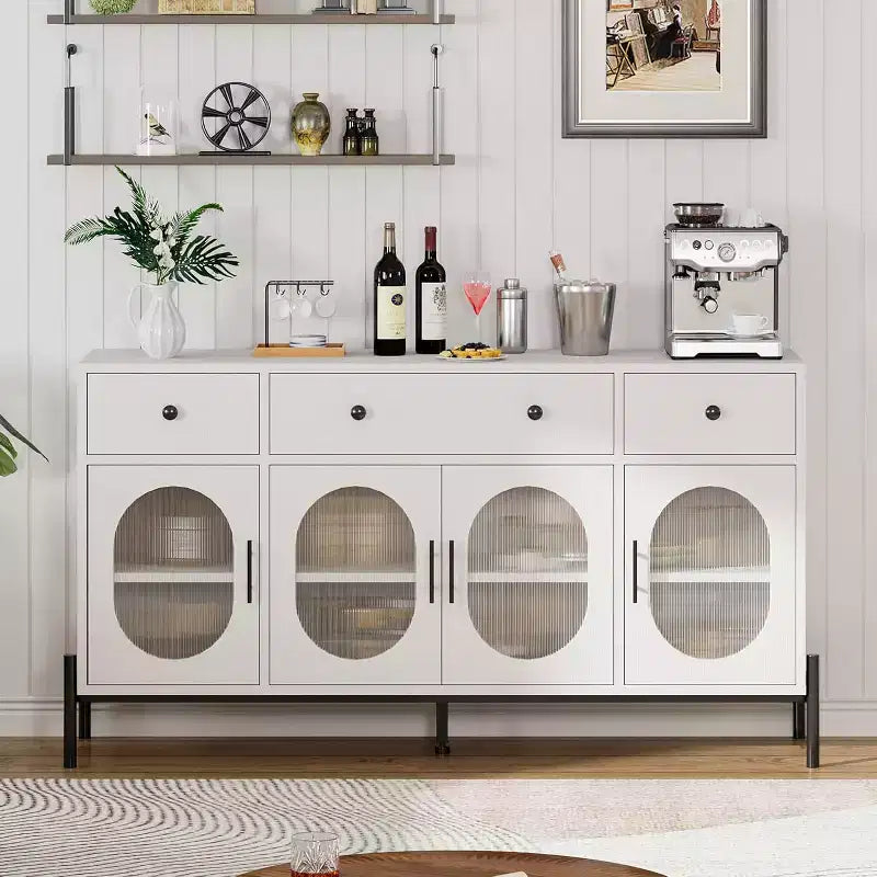 con spazio di archiviazione, mobile credenza in legno con 3 cassetti e 4 ante in vetro, mobile da bar con piano d'appoggio per sala da pranzo, cucina