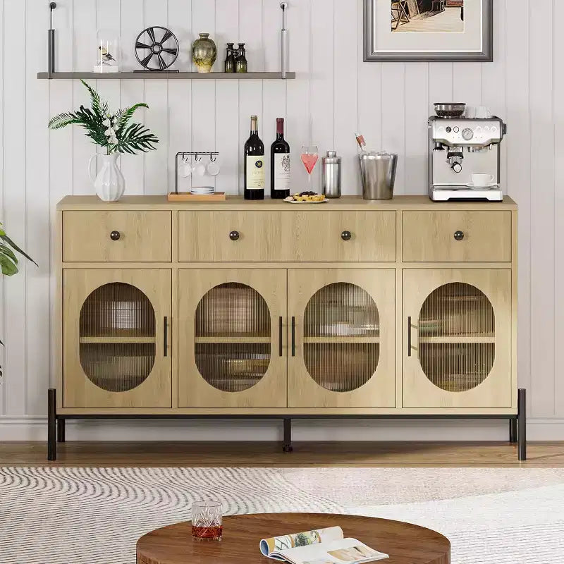 con spazio di archiviazione, mobile credenza in legno con 3 cassetti e 4 ante in vetro, mobile da bar con piano d'appoggio per sala da pranzo, cucina