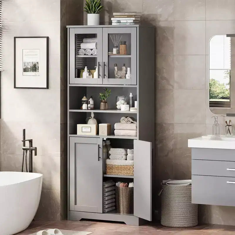Mobile Bagno Alto, Armadietto Bagno Autoportante con Ante in Vetro e Ripiani Regolabili, Credenza Moderna da 67 cm