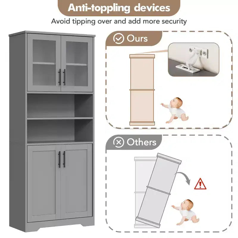 Mobile Bagno Alto, Armadietto Bagno Autoportante con Ante in Vetro e Ripiani Regolabili, Credenza Moderna da 67 cm