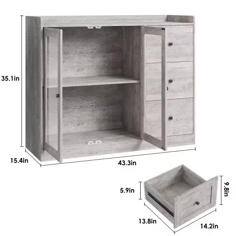 Credenza e mobile contenitore a buffet grigio 43 con design a ringhiera, ripiani regolabili e 3 cassetti per cucina, sala da pranzo e soggiorno