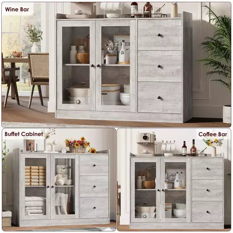 Credenza e mobile contenitore a buffet grigio 43 con design a ringhiera, ripiani regolabili e 3 cassetti per cucina, sala da pranzo e soggiorno