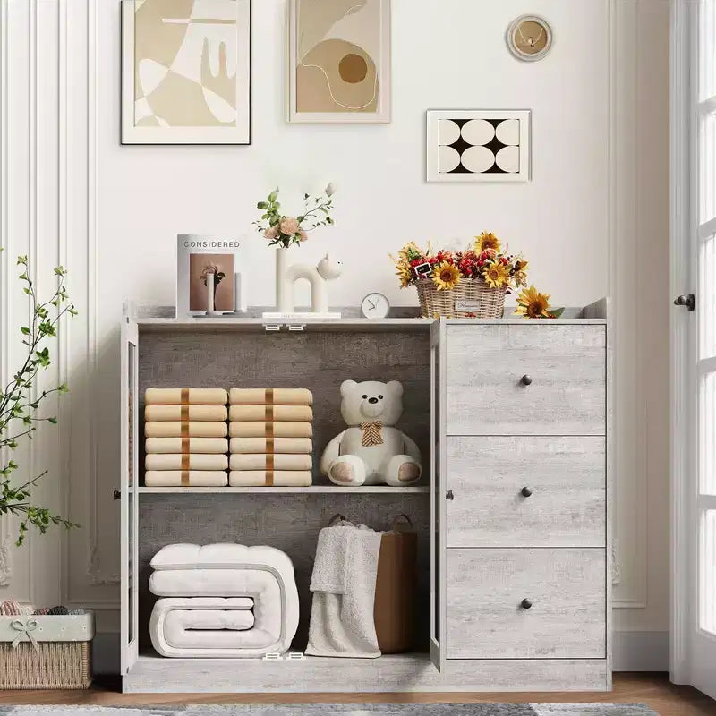 Credenza e mobile contenitore a buffet grigio 43 con design a ringhiera, ripiani regolabili e 3 cassetti per cucina, sala da pranzo e soggiorno