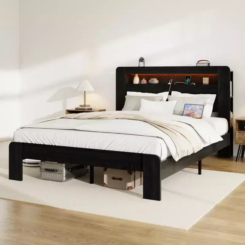 Struttura Letto Matrimoniale/Queen/King, Pedana in Legno con Testiera Illuminata a LED e 2 USB, Silenziosa, Nessun Sommier Necessario, Grande Contenitore Sottoletto, Nero Scuro