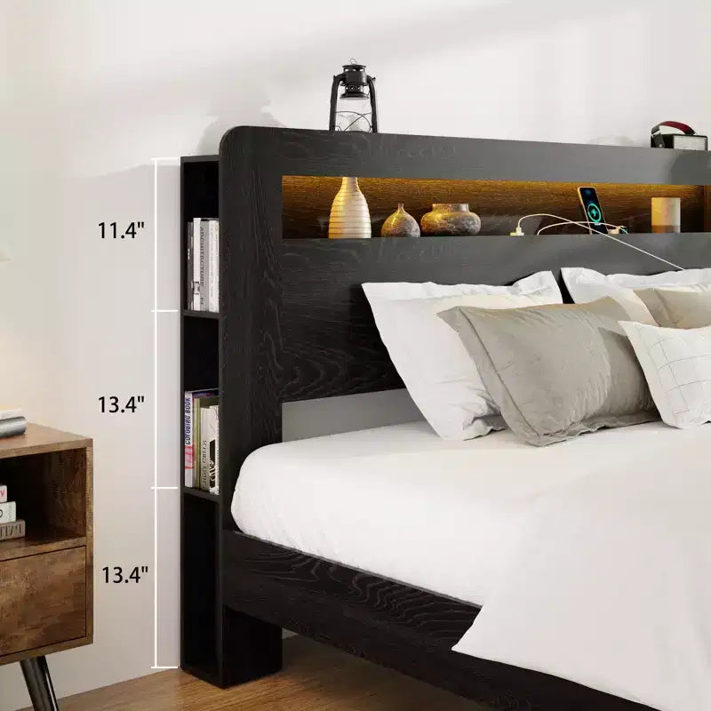 Struttura Letto Matrimoniale/Queen/King, Pedana in Legno con Testiera Illuminata a LED e 2 USB, Silenziosa, Nessun Sommier Necessario, Grande Contenitore Sottoletto, Nero Scuro
