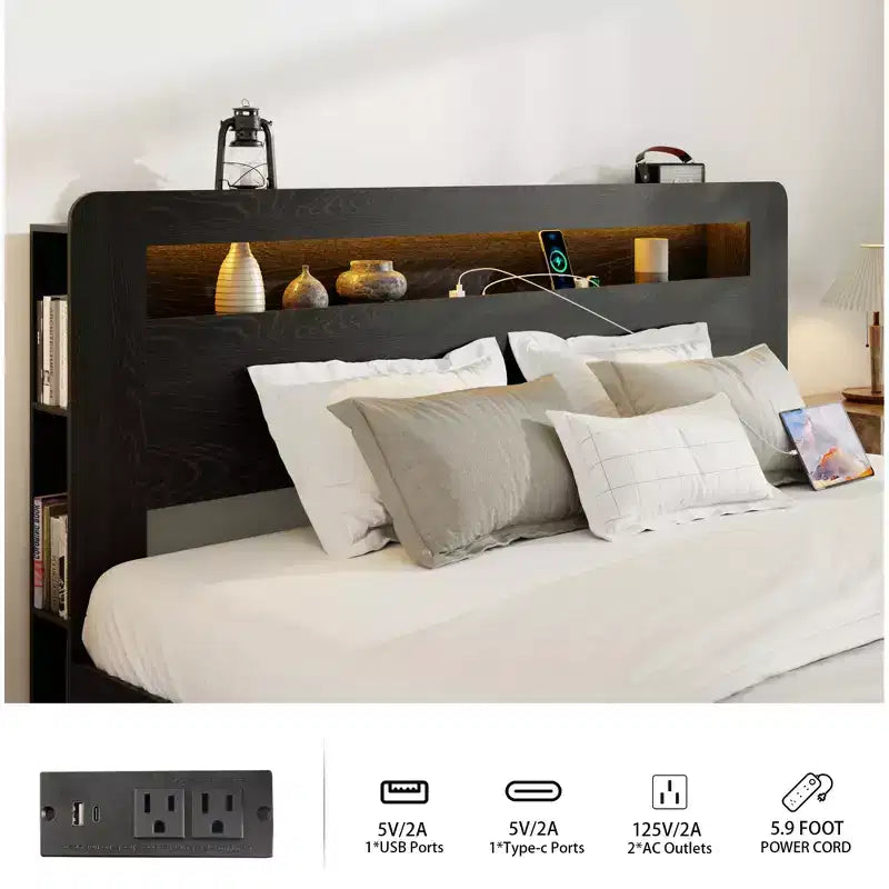 Struttura Letto Matrimoniale/Queen/King, Pedana in Legno con Testiera Illuminata a LED e 2 USB, Silenziosa, Nessun Sommier Necessario, Grande Contenitore Sottoletto, Nero Scuro
