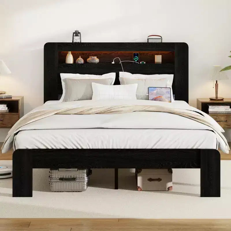 Struttura Letto Matrimoniale/Queen/King, Pedana in Legno con Testiera Illuminata a LED e 2 USB, Silenziosa, Nessun Sommier Necessario, Grande Contenitore Sottoletto, Nero Scuro