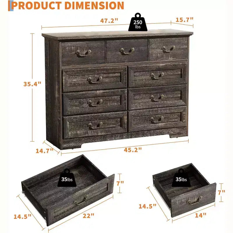 Comò a 9 cassetti per camera da letto - Cassettiera rustica vintage in legno per vestiti ed essenziali, organizer versatile per camera da letto, soggiorno e corridoio