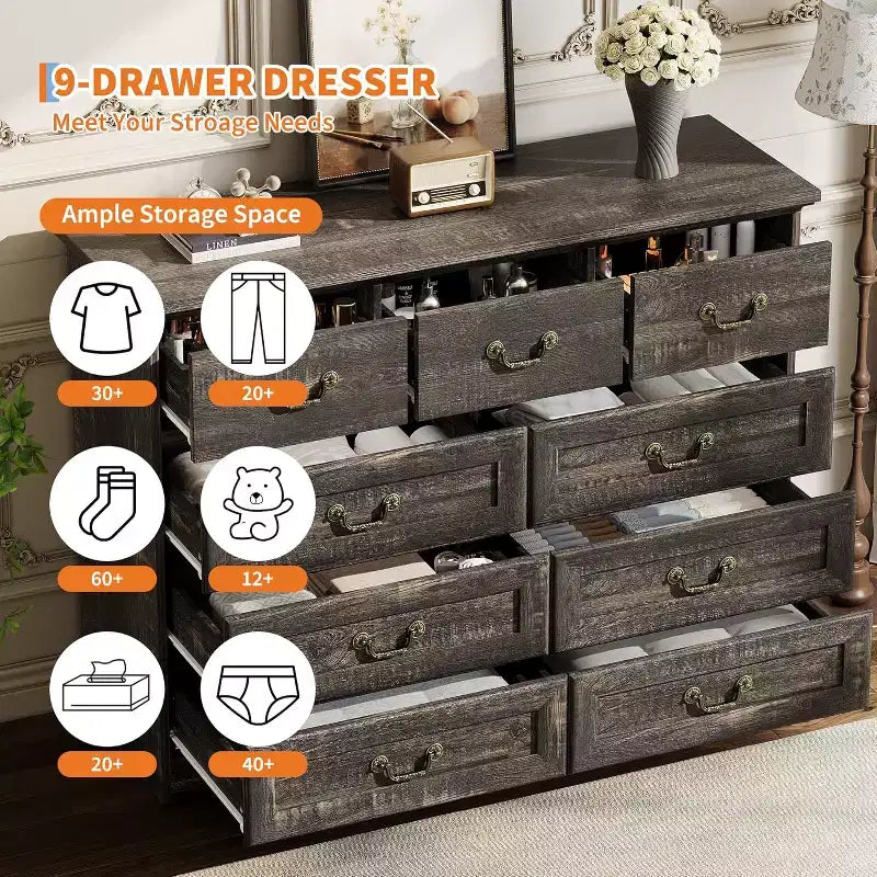 Comò a 9 cassetti per camera da letto - Cassettiera rustica vintage in legno per vestiti ed essenziali, organizer versatile per camera da letto, soggiorno e corridoio