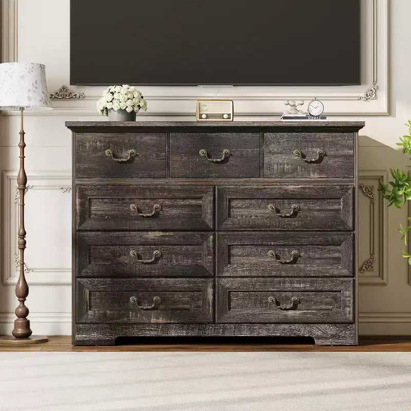 Comò a 9 cassetti per camera da letto - Cassettiera rustica vintage in legno per vestiti ed essenziali, organizer versatile per camera da letto, soggiorno e corridoio
