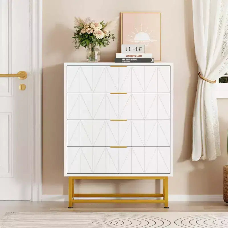 Comò a 4 cassetti, Comò moderno con cassetti, Organizer con gambe in metallo, Cassettiera contenitore per camera da letto, soggiorno, corridoio, armadio
