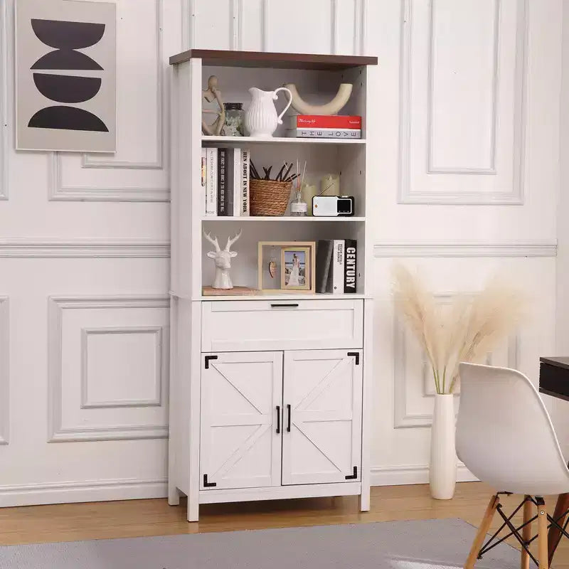 Libreria a 6 ripiani in stile rustico alta 72" con ante, mobile e cassetto, libreria in legno con ripiani regolabili per soggiorno, cucina e camera da letto
