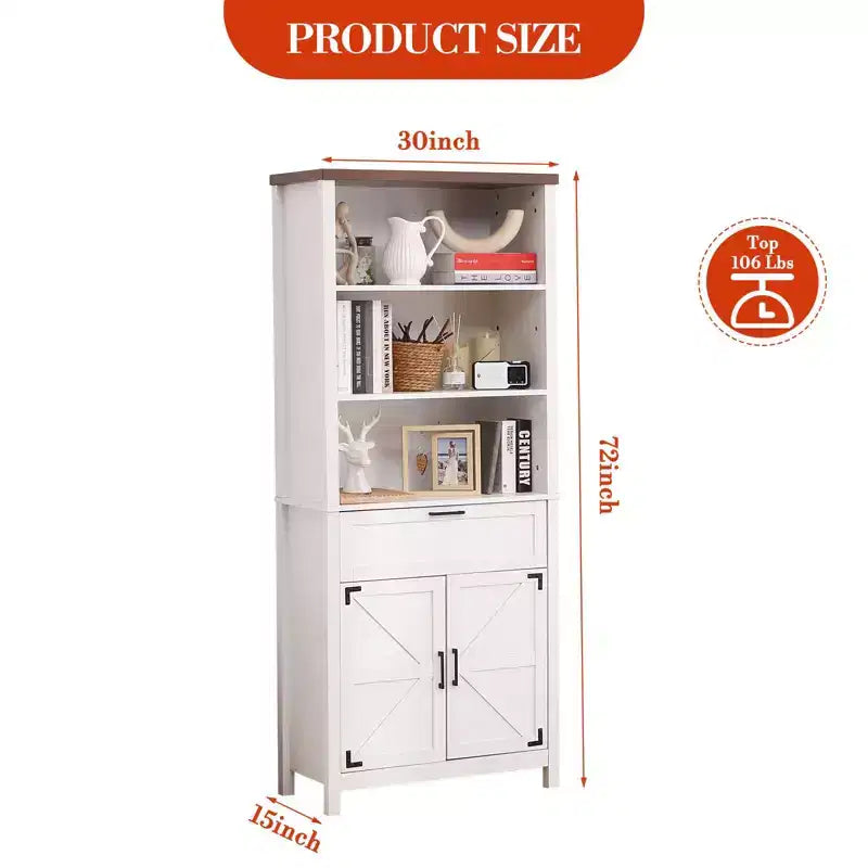 Libreria a 6 ripiani in stile rustico alta 72" con ante, mobile e cassetto, libreria in legno con ripiani regolabili per soggiorno, cucina e camera da letto